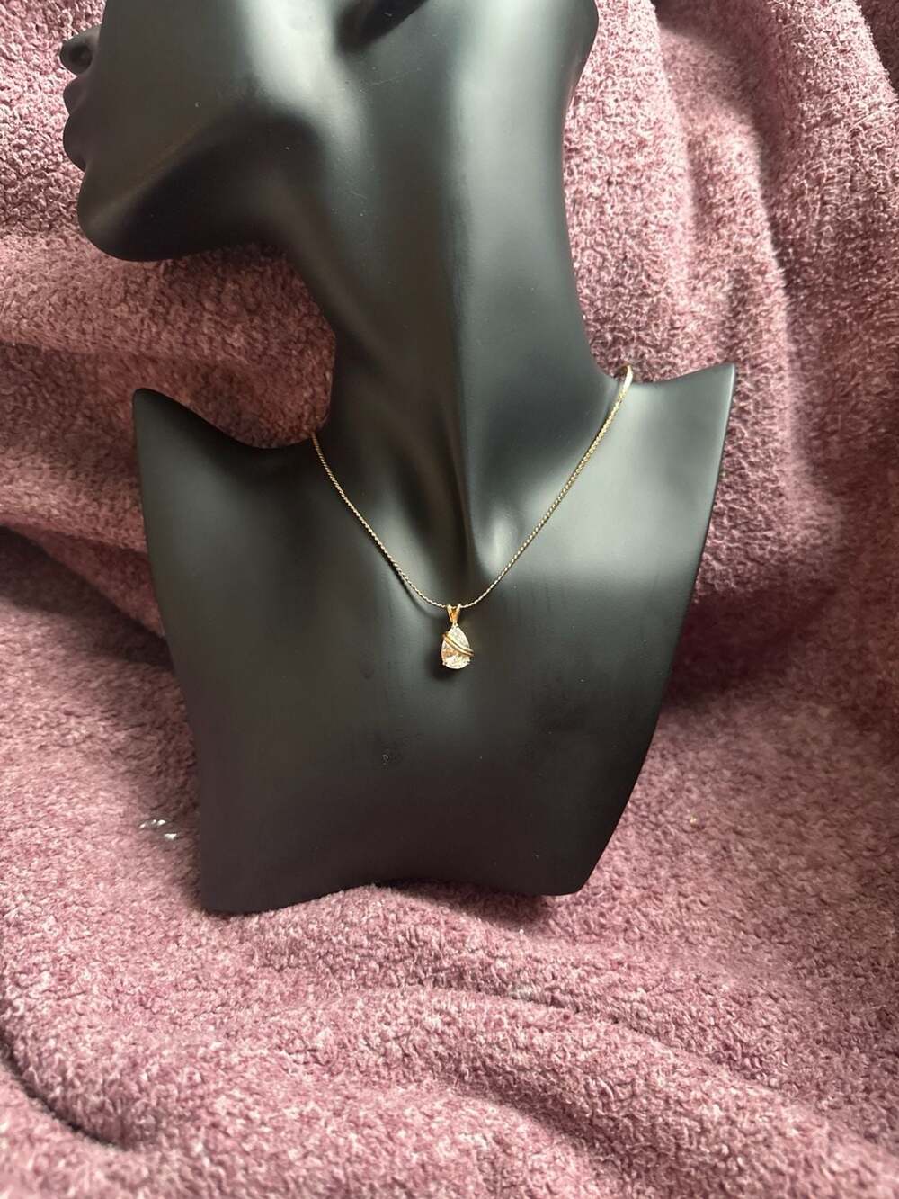 Gold Tone CZ Glass Pear Teardrop Pendant Necklace with Swirl Detail